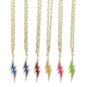 

2020 summer colorful jewelry Neon enamel cz paved lightning bolt pendant open link chain necklace