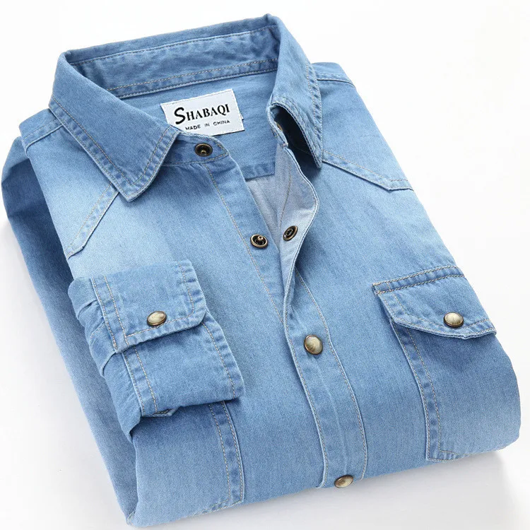 Men's Slim Denim Shirt Spring Cotton Square Collar Pocket Button Fashion Long Sleeve Jeans Shirt