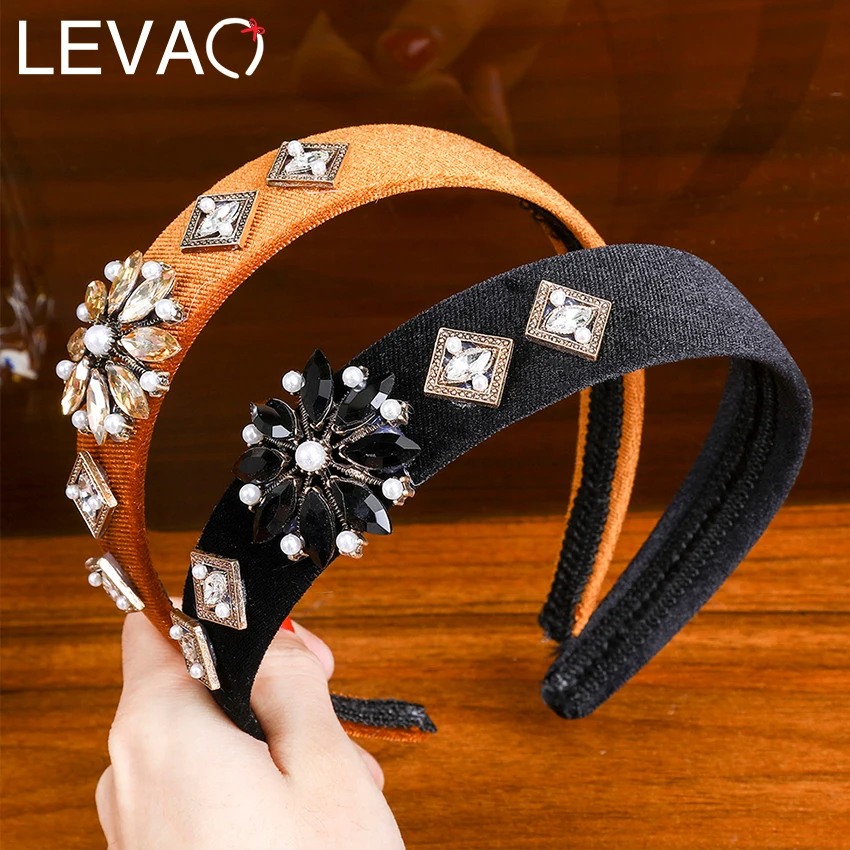 Levao, простая Цветочная Хрустальная лента для волос, искусственный жемчуг, повязка на голову, блестящие стразы, бархатный обруч для волос, головной убор для женщин, ювелирные изделия для волос