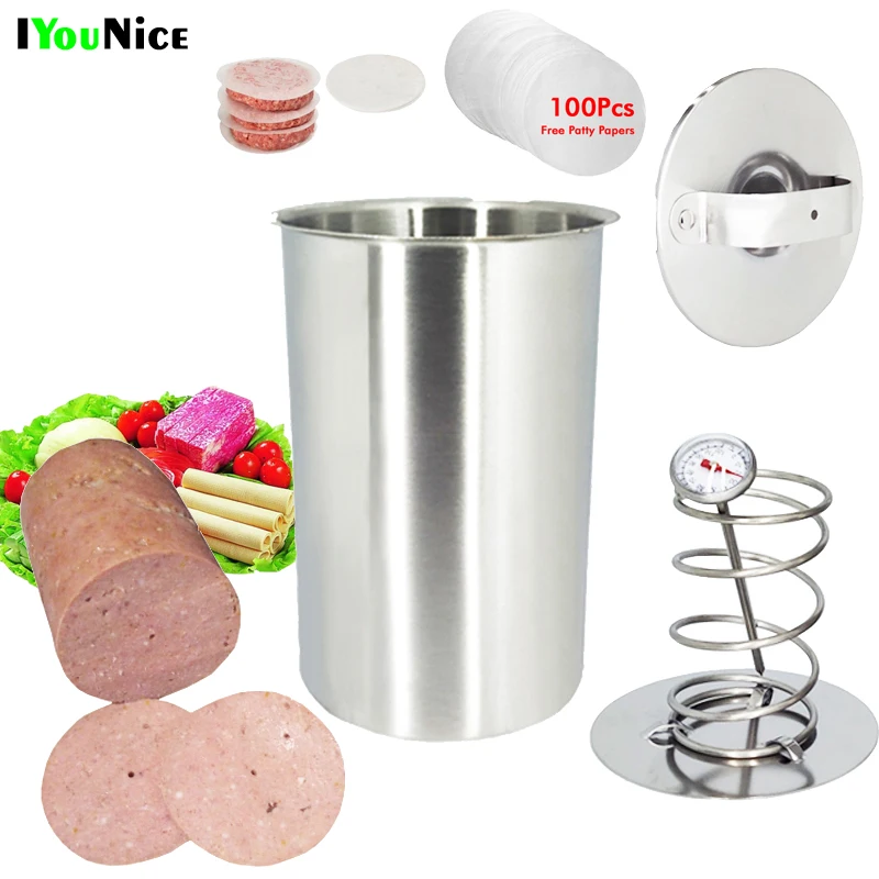 

IYouNice Ham Press Maker Machine 304 Stainless Steel Meat Poultry Kitchen Cooking Tools With 100 Pcs Patty Papers Thermometer