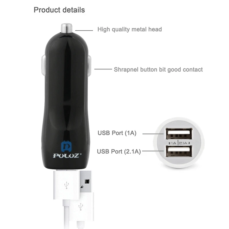 Универсальное автомобильное зарядное устройство PULUZ 5V 2.1A+ 1A с двумя usb-портами