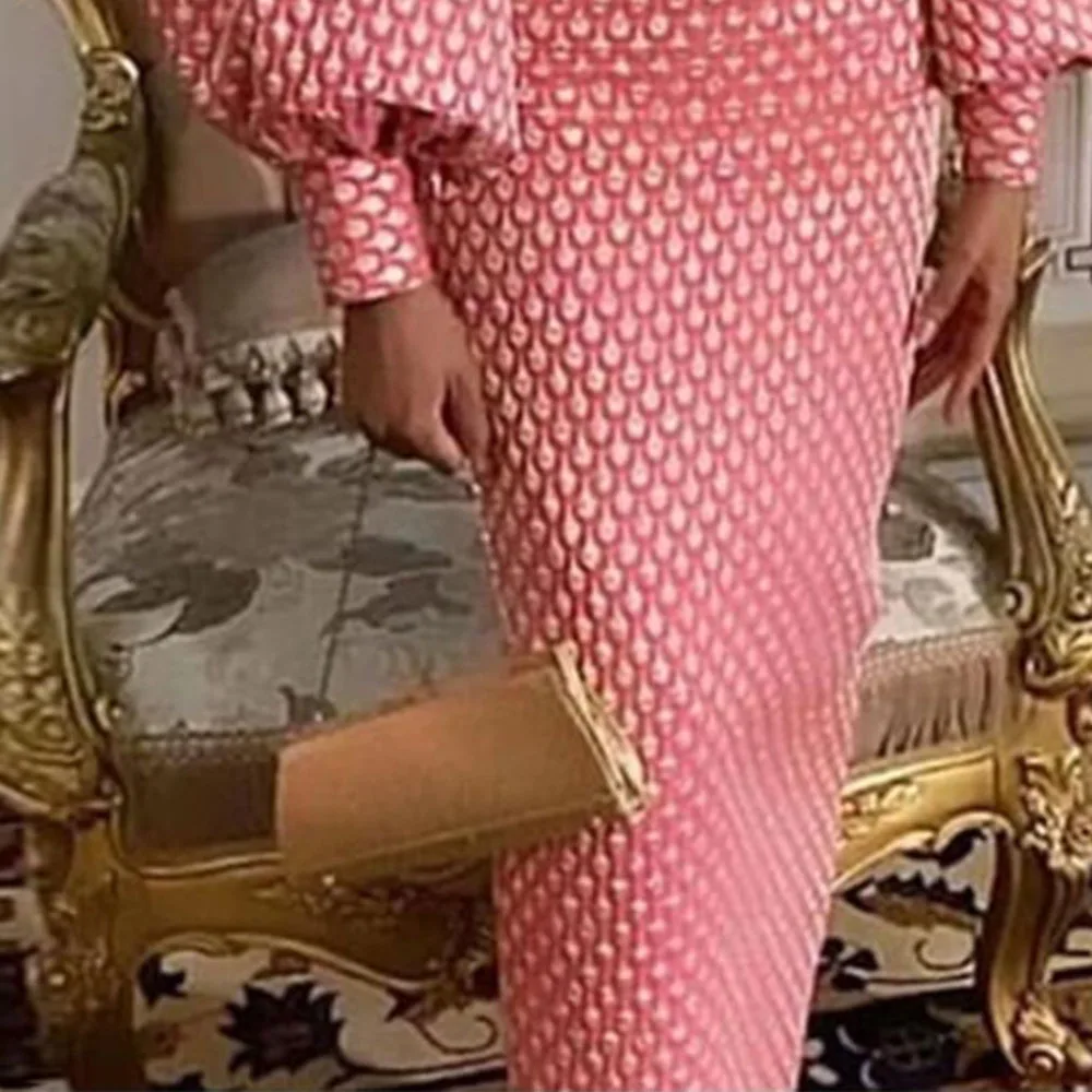 Pink Print Retro Vestidos Bodycon Package Hip Autumn Winter Party Dress Long Elegant African Women Vintage Lantern Sleeve Dress