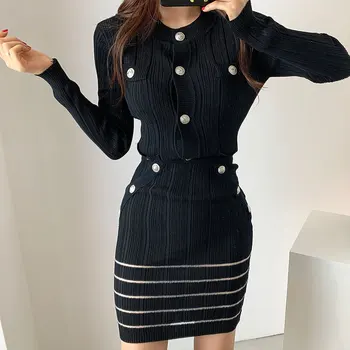 

New Arrival 2020 Button 2 Piece Skirt Set Korean Style Women Fall White See Through Mini Dress Black Elegante Fashion Sexy Lady