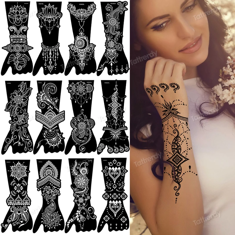 Plantillas reutilizables para dibujo de tatuaje temporal, plantilla de  tatuaje de henna, mandala, boda india, pintura a mano, 12 unids/lote por  paquete|Tatuajes temporales| - AliExpress