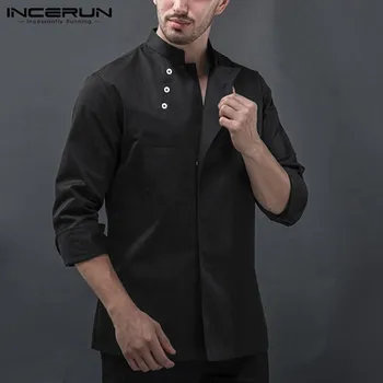 

INCERUN Fashion Men Pure Color Long Sleeve Stand Collar Chef Jackets Bakery Kitchen Workwear Clothing Catering Working Uniforms
