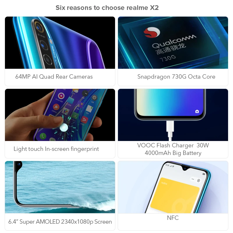 Realme X2 глобальная версия CN X 2 Мобильный телефон Snapdragon 730G 64MP Quad камера 6,4 ''телефон nfc VOOC 30W FastCharger