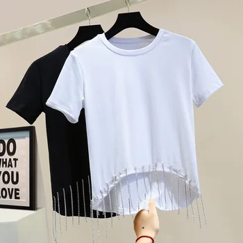 

Diamond Tassel Bead T-shirt Women Summer Top Solid Color Simple Elastic Casual Short-Sleeved T-shirt Girls Ladies All-match Tops