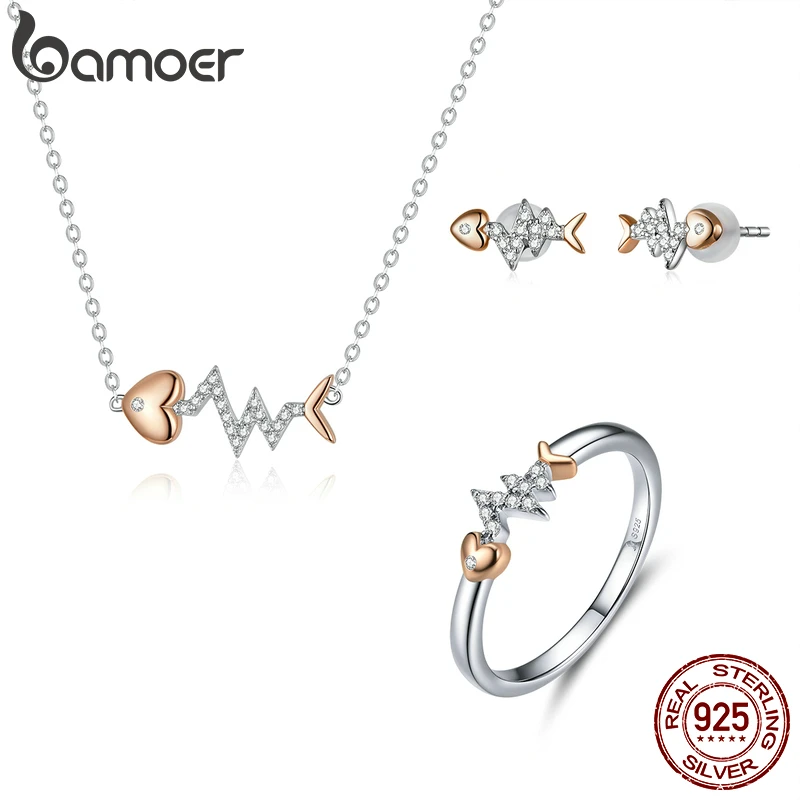Bamoer GUS185 925 пробы серебра Набор драгоценностей Fishbone Heart Beat кольцо и серьги-гвоздики