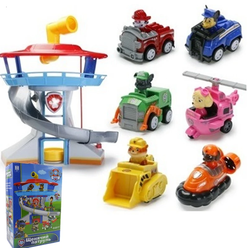 7PCS BOX Все paw patrol автобус смотровая башня с музыкальными фигурками patrulla canina paw patrol игрушки для детей рождественские подарки - Цвет: 7PCS BOX