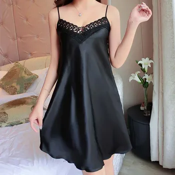 

Sexy Nightdress Deep V Lace Sleepwear Women Lingerie Silk Satin Nightie Nightgowns Sleeveless Sling Nightwear Mujer Home Clothes