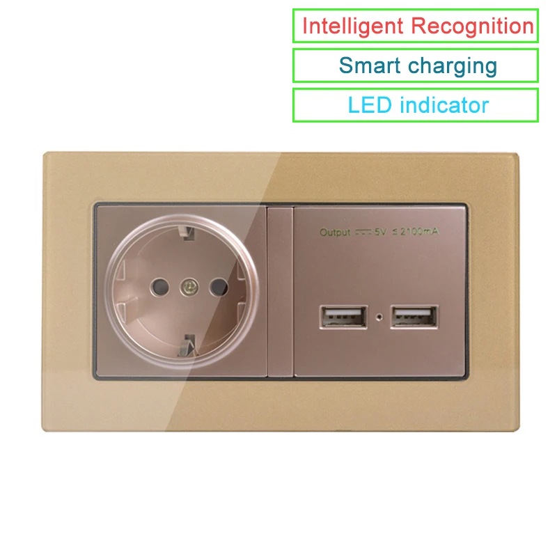 German Standard Socket EU Power Outlet With Dual USB Smart Induction Charge Port For Mobile 2.1A Crystal Glass Panel | Обустройство