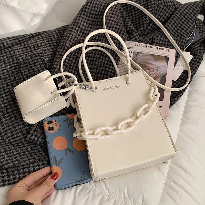 Fashion Acrylic Women 2Pcs Set Tote Bag High Quality Solid Leather Shoulder Bag Small Crossbody Bags Casual Designer Handbag