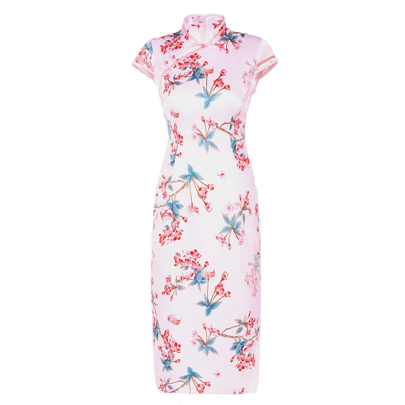 Chinese Style Women Cheongsam Summer Rayon Satin Daily Dress Printed Vintage Handmade Button Stage Show Qipao Plus Size M-4XL |