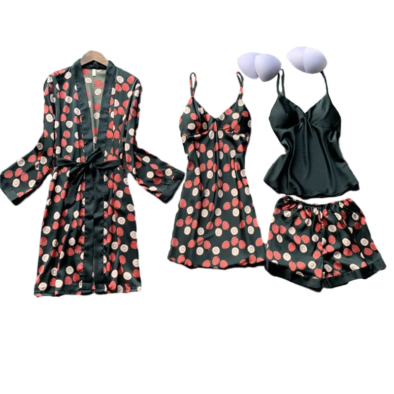 

4 Piece/set Silk Sleepwear Sets Negligee Women Bathrobe Printed Nigghtgowns Robes Night Dress Nightwear Sexy Stain Lingerie