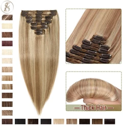 TESS 8pcs Human Hair Clip In Extensions Straight Non-Remy Human Hair Full Head Thicker Hairpiece Ombre Highlight Hair for Women