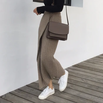 

Autumn Winter Knitting Skirt High Waist Ol Long Pencil Skirt Women Open Slit Knitted Casual Vintage Maxi Skirt