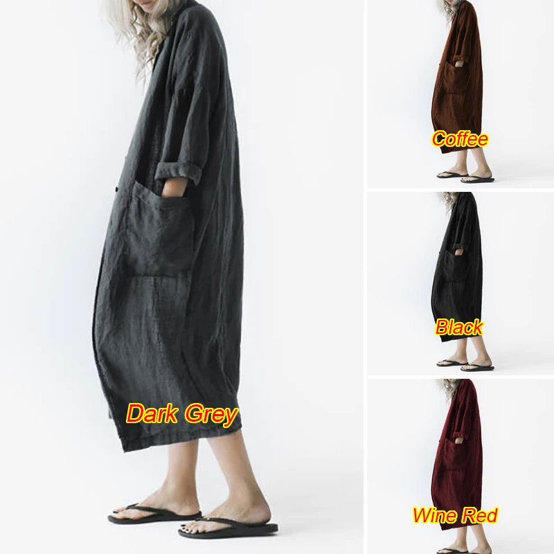 Весенне-осенние женские винтажные Длинные куртки ZANZEA Дамская хлопковая ветровка Дамский кардиган с карманами зимняя тонкая верхняя одежда пальто