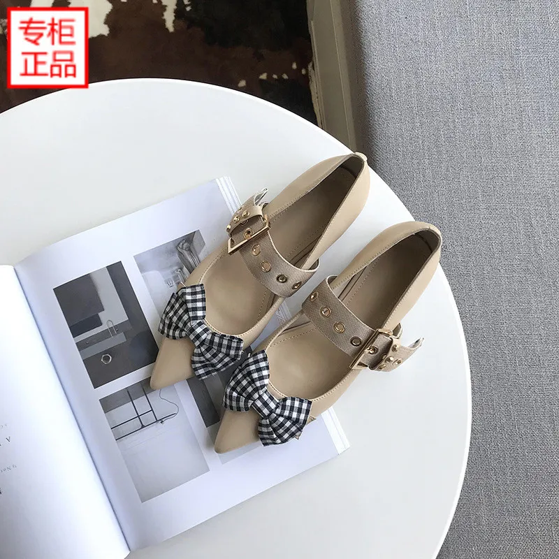

Flat Keel Thin Shoes Women's 2019 New Style Fashion Bow Pointed Shallow Mouth WOMEN'S Shoes Low Heel Straight-line Buckle Mary J