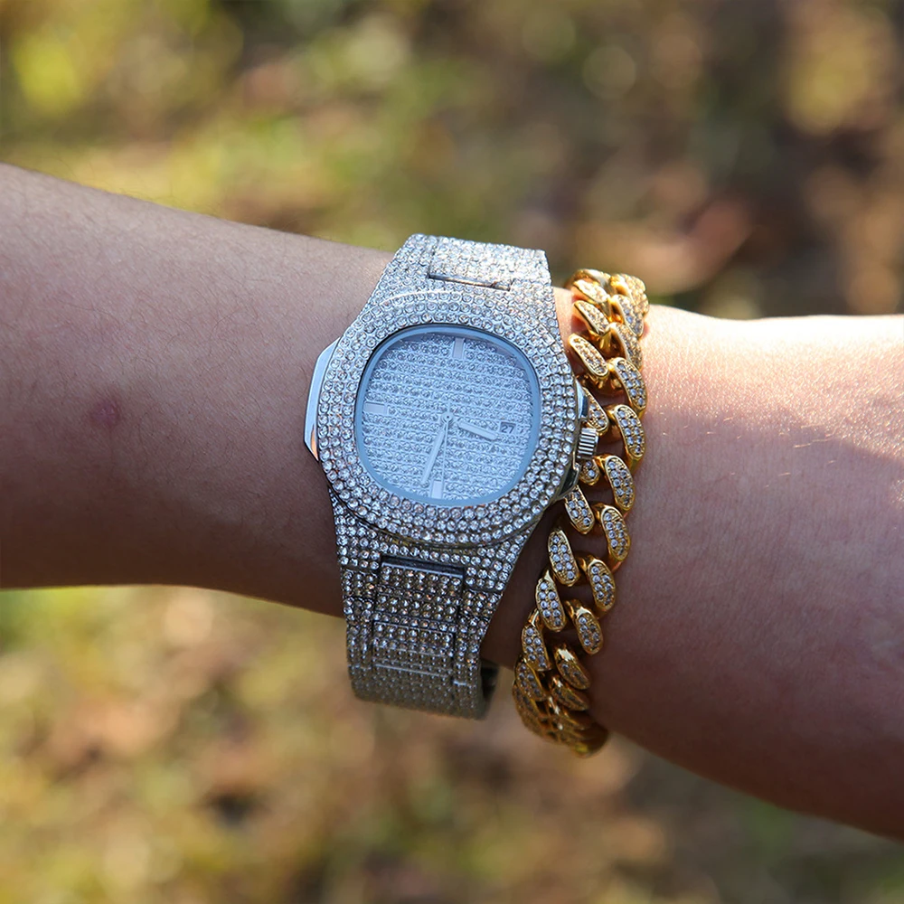 

Luxury Hip Hop Stylish Watch & Bracelet Combo Set 1 Set Miami Cuban Chain Iced Out Rhinestones CZ Bling Men Rapper Jewelry