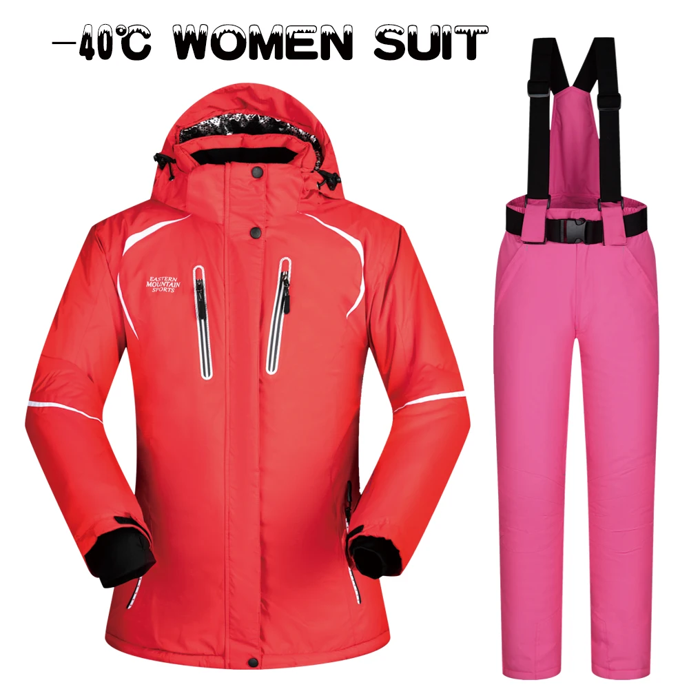 Лыжный костюм, женский зимний комплект одежды, толстая Водонепроницаемая лыжная куртка и штаны, комплект-30 градусов, лыжные и сноубордические костюмы, брендовые - Цвет: ZYS4 and Pink