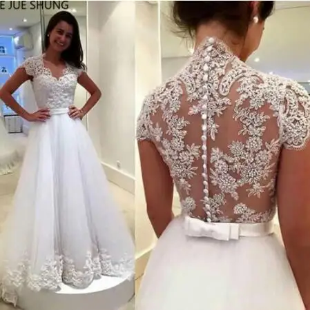 

Gorgeous A-Line Wedding Dresses With V-Neck Appliques Lace Back Button Bridal Gowns Tulle Floor Length Custom Made