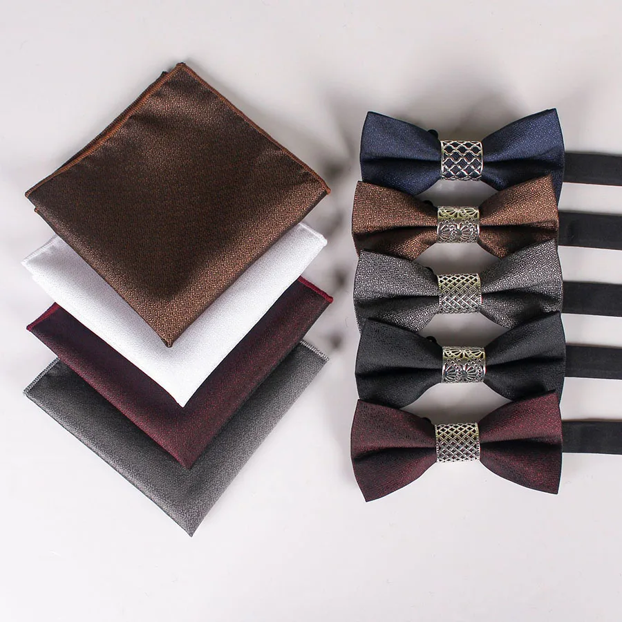 Classic Silk Bow Ties for Men Butterfly Plain Bow Tie Pocket Square Set Blue Black Silver Gray Purple Burgundy Brown Bowtie