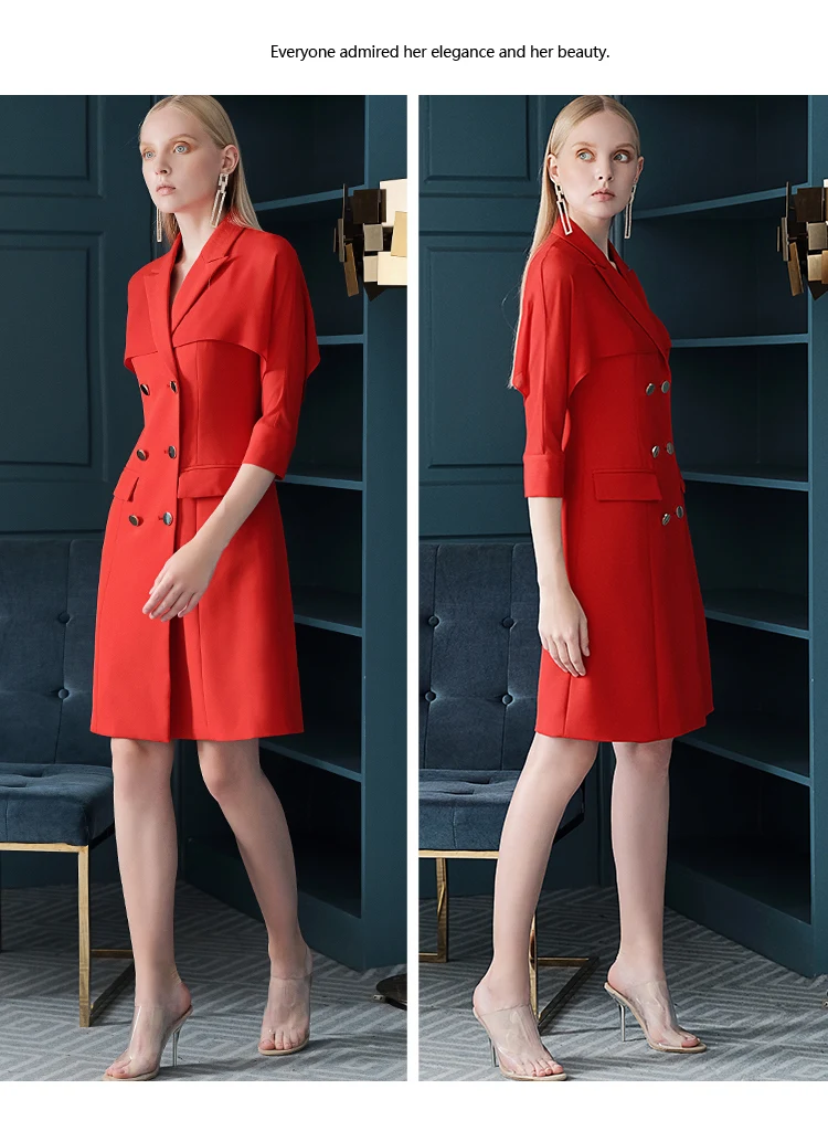 Красное платье с короткими рукавами г., Осеннее Новое дизайнерское элегантное двубортное платье OL темпераментное женское платье с вырезом C1909