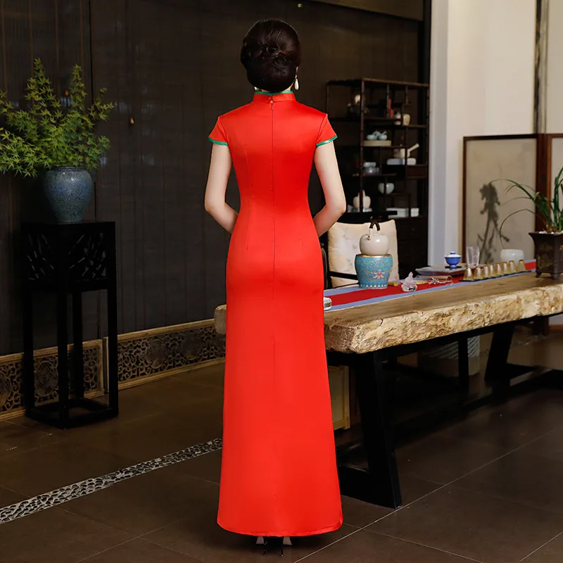 Пикантные Женские Длинные Cheongsam цветок Традиционный китайский стиль короткий рукав платье Весна Лето Qipao тонкие Вечерние платья Vestido