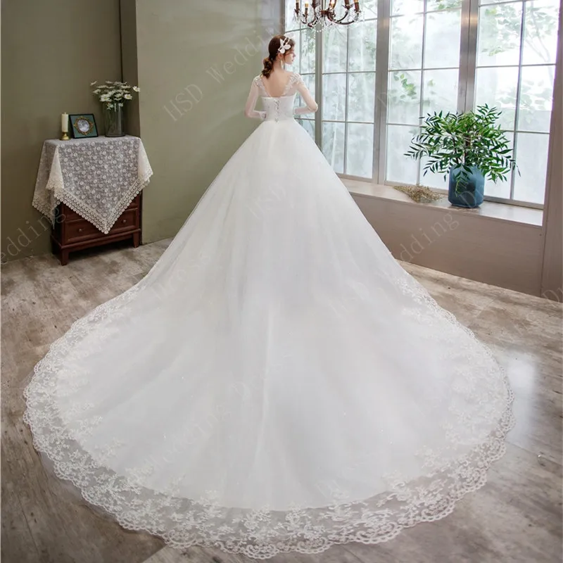 свадебное платье Lace Embroidery Wedding Dress With Long Sleeve Train Real Vedio Gown V Neck Elegant Plus Size Vestido De Noiva tea length wedding dress