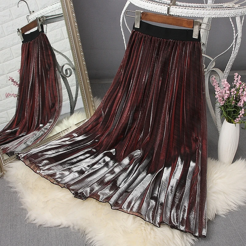 Плиссированная юбка до середины икры с металлическим градиентом|Юбки| |