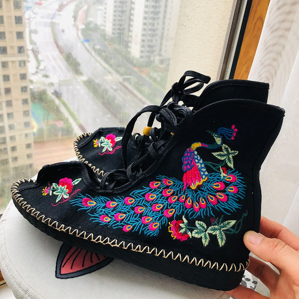 Veowalk Peacock Embroidered Women Peep Toe Gladiator Canvas Sandals Chinese Handmade Lace Up Ladies Summer Fabric Flat Shoes women sandals