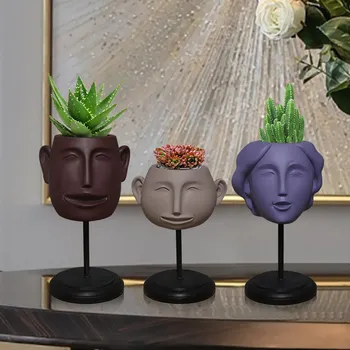 

Modern Resin Human Face Statue Vase Iron Stand Decoration Cafe Desktop Figurines Crafts Home Livingroom Fake Flower Accessories