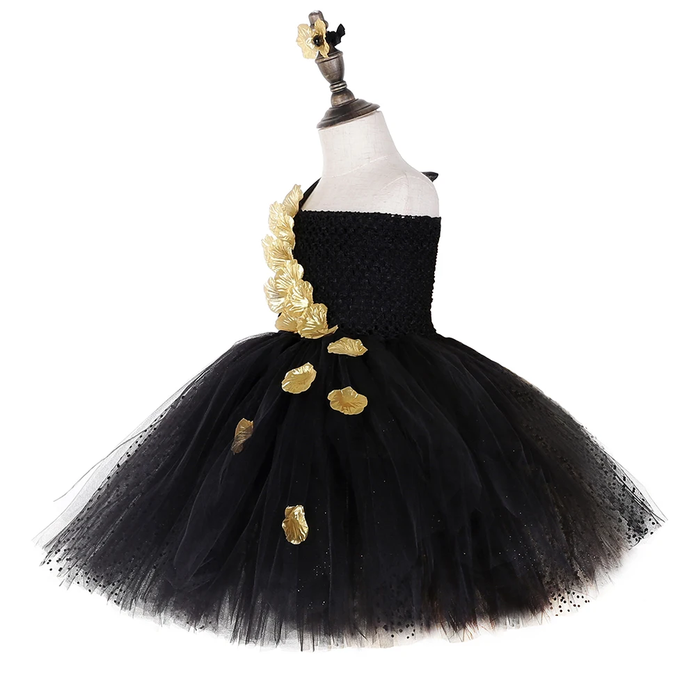 Black Flower Girl Dress with Gold Bowknot