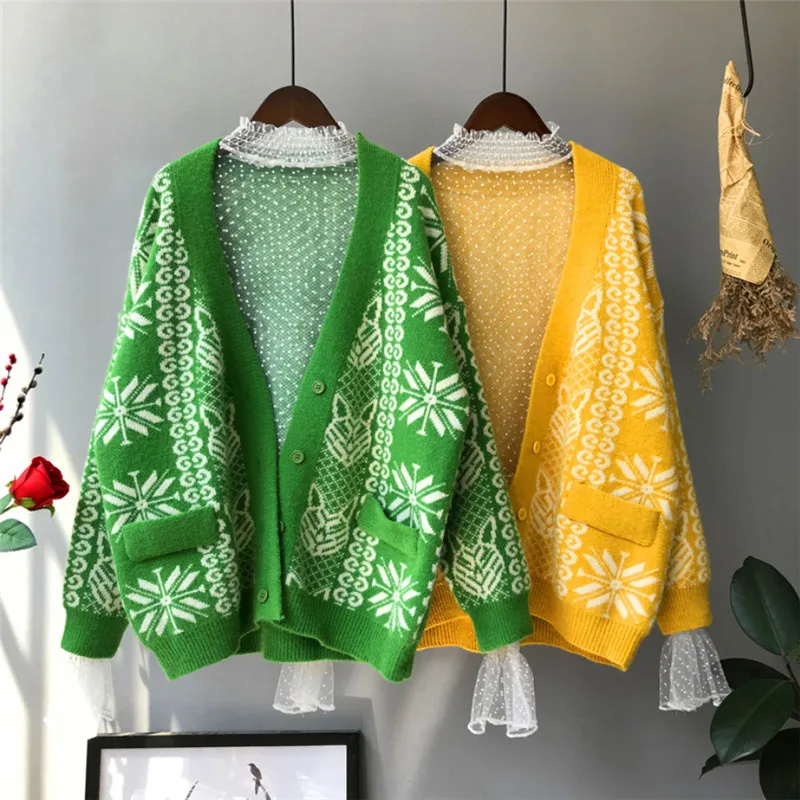  2019 Christmas Snowflake Knitting Cardigan Coat Women Autumn Winter Loose Sweater Medium-Long Jacke