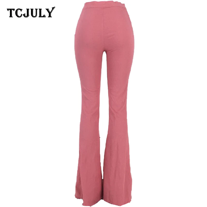TCJULY Лидер продаж, однотонные рваные расклешенные джинсы для женщин, обтягивающие, пуш-ап, Стрейчевые джинсовые штаны, уличная одежда, повседневные, вареные, расклешенные джинсы