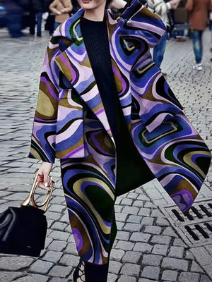 

Female Fashion Printing Woolen Jacket Casual Streetwear 2021 Women's Casual Long Warm Woolen Coat Oversize Outwear Jackets