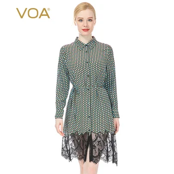 

VOA Silk Lapel Diamond Drop Print Single-Breasted Two-Color Optional Hem Lace Stitching Long-Sleeved Dress AX93