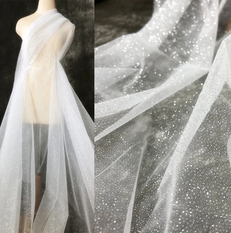 

Mesh Tulle Sequined Fabric 2 Meters Glitter Powder Sparkling Off White Elastic Gauze Wedding Dress Net Yarn 150cm 57"Wide M38C6