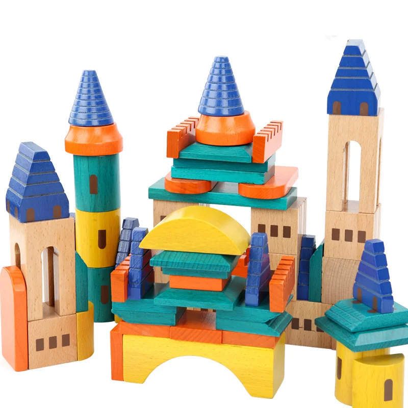Высокое качество Деревянные игрушки строительные блоки набор в башенный замок дизайн 69 шт