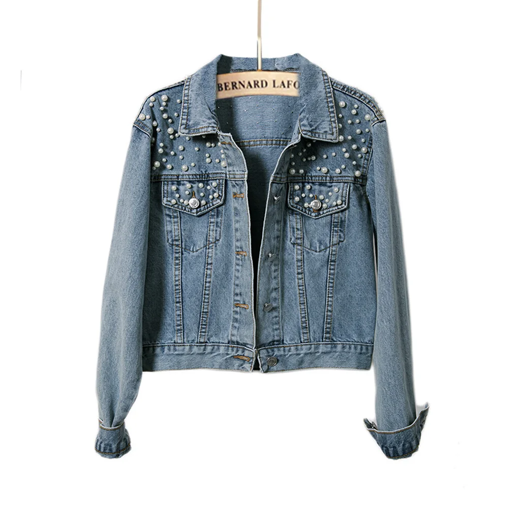 

Spring Street Shopping Denim Women Jacket Turn-down Collar Casual Beaded Daily Dating Loose With Pocket Autumn Long Sleeve