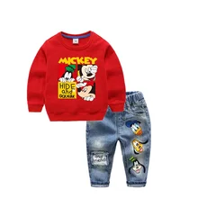 Комплект одежды с Микки Маусом для маленьких мальчиков и девочек, одежда с длинными рукавами для мальчиков, пуловер, свитер+ джинсы, штаны, осенний спортивный костюм из 2 предметов с героями мультфильмов