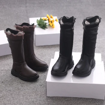 

New Arrival Kids Boots Mid-calf PU Leather Princess Flat Boots Lace Rhinestone Warm Fashion Botas Size26-30 Retro Footwear Shoes