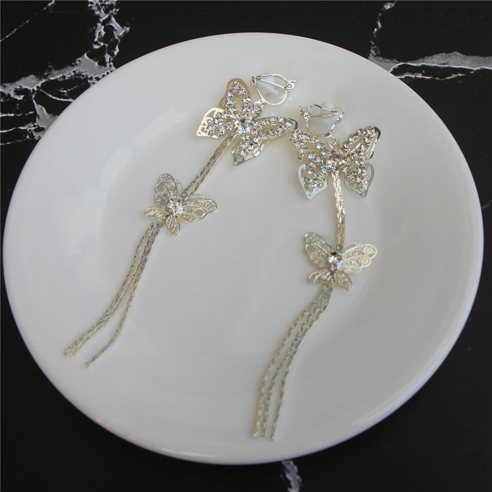 Длинные висячие серьги-бабочки с кристаллами на металлическом золотистом серебре, роскошные серьги без пирсинга, свадебные женские ювелирные изделия - Окраска металла: Посеребренный
