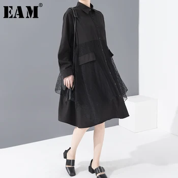 

[EAM] Women Black Mesh Split Big Size Shirt Dress New Lapel Long Sleeve Loose Fit Fashion Tide Spring Summer 2020 1U02601