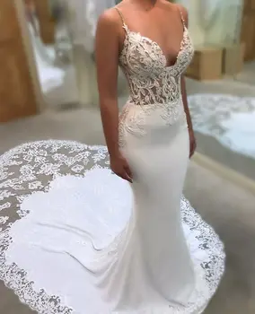 

2020 Latest Sexy Spaghetti Straps Lace Chapel Train Mermaid Crepe Vestido de boda Wedding Dress