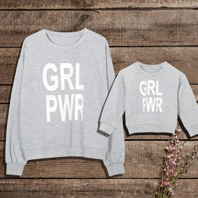 

PatPat 2020 New Spring and Autumn Mommy and Me GRL PWR Printed Sweatshirt in Grey Matching Outfits Tops