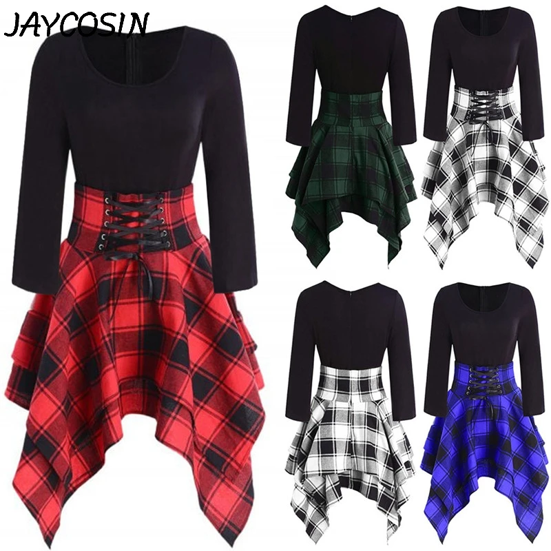 Платье JAYCOSIN женское с длинным рукавом повседневное асимметричное клетчатое