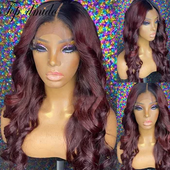 

Topodmido #1B 99J Ombre Color Indian Hair Lace Front Wigs Pre Plucked Body Wave Remy Hair 13x6 Lace Front Human Hair Wigs 150%