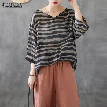 

S 5XL ZANZEA Vintage Party Tunic Tops 2020 Summer Striped Shirts Women Casual 3/4 Sleeve Loose Blouse Blusas Robe Femme Tees