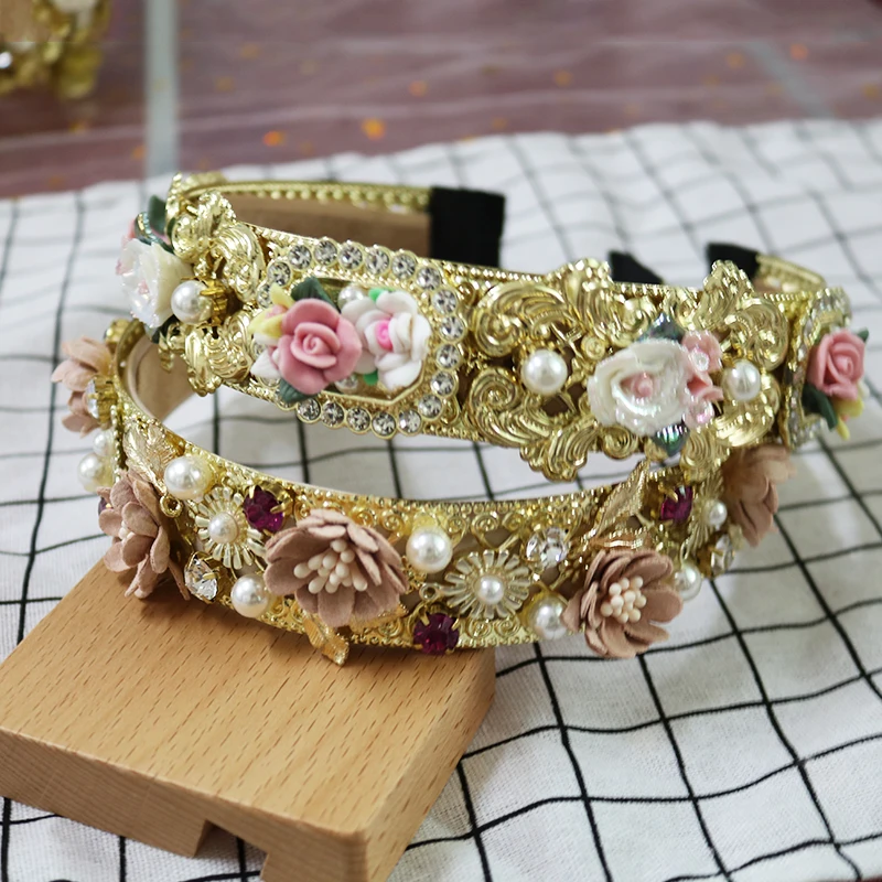 

Fashion Tiara Catwalk Ceramic Flower Crown Baroque Prom Metal carving Headbands Handmade Wedding Accessories Gift Hair Jewelry